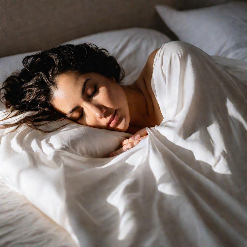 Беременная женщина лежит на боку в постели, прижимая грелку к пояснице