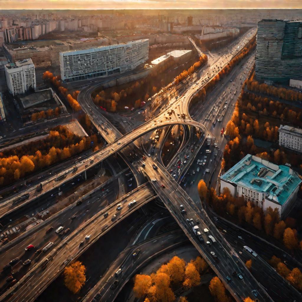 Транспортная развязка в городе на закате.