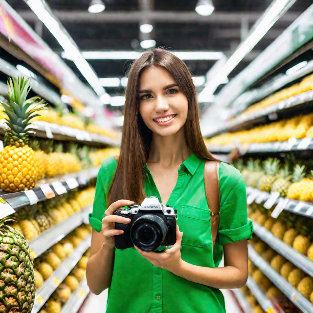 Женщина фотографирует ананас в супермаркете