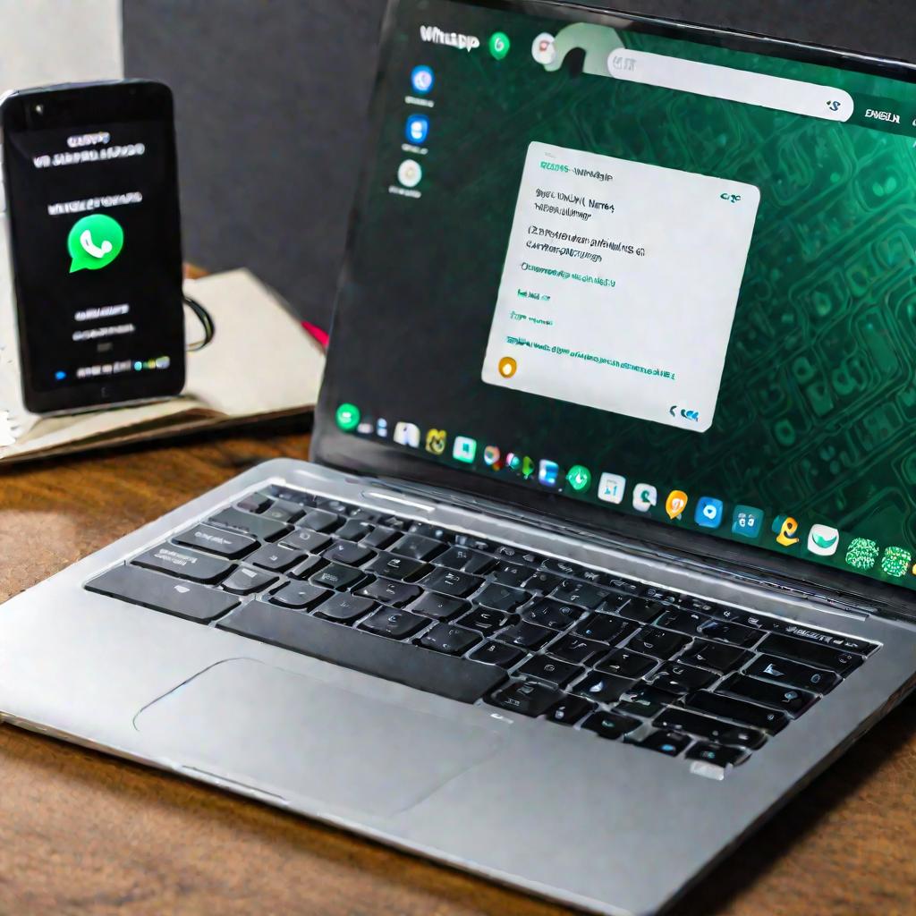Ноутбук с подключенным смартфоном и процессом бекапа Ватсапа на экране