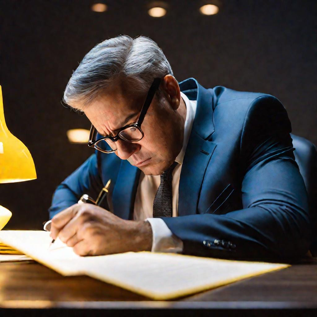Мужчина в очках подписывает документ ночью в офисе