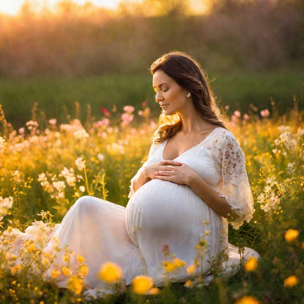 Беременная женщина в цветущем лугу на закате