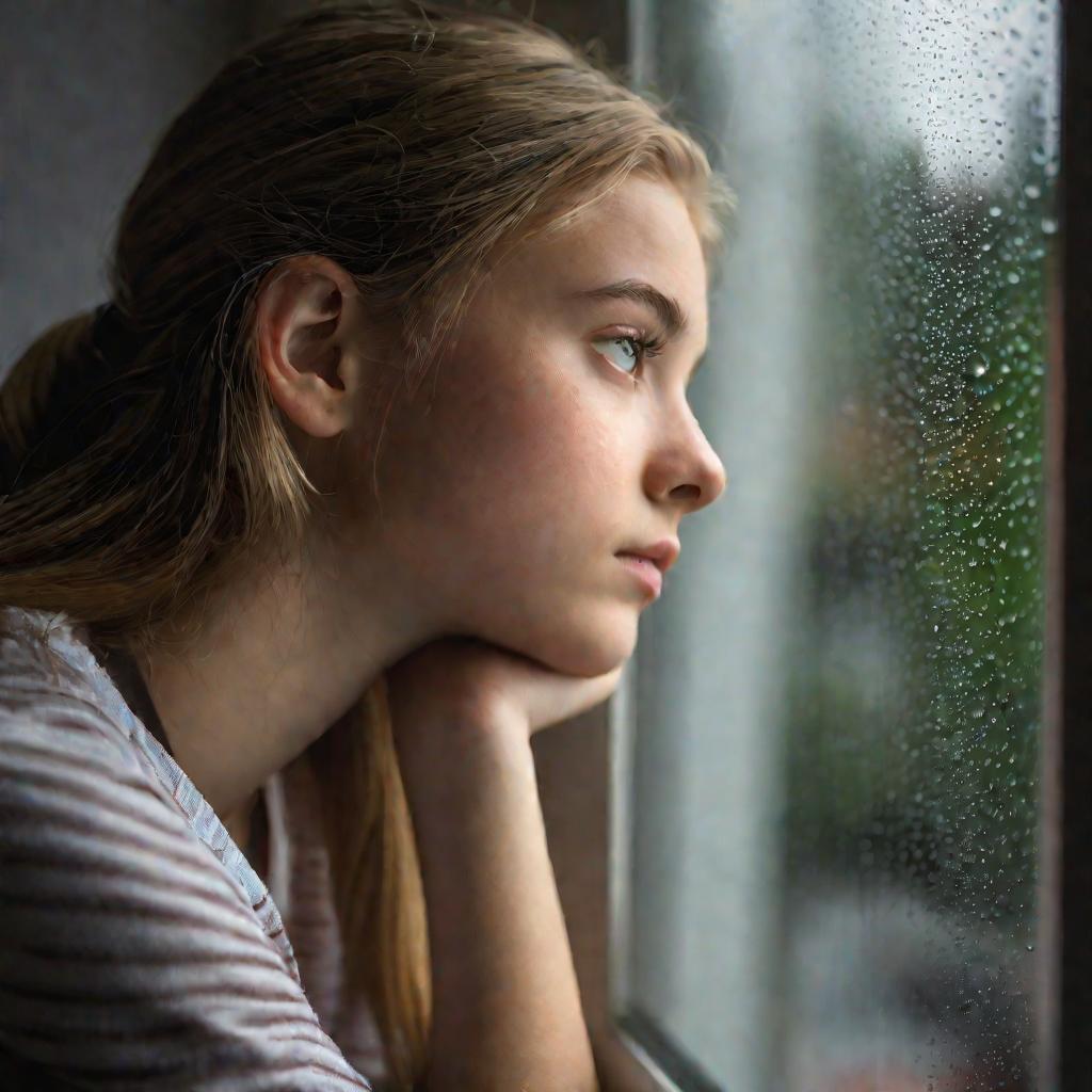 Портрет задумчивой девушки-подростка у окна в дождливый день