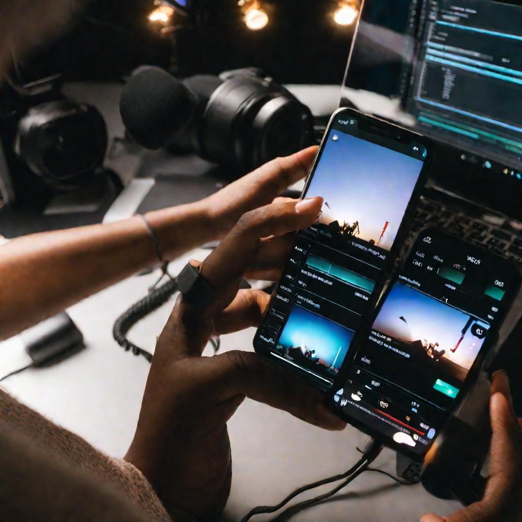 Человек использует смартфон для редактирования видео в приложении, средний план интерьера, студийное освещение, добавляет аудио и редактирует видеоклипы