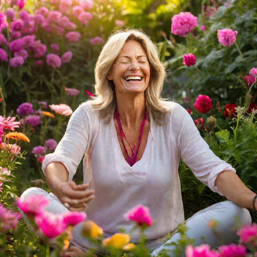 Женщина смеется с закрытыми глазами на фоне цветущего сада, практикуя терапию смехом, чтобы поднять настроение после бессонницы