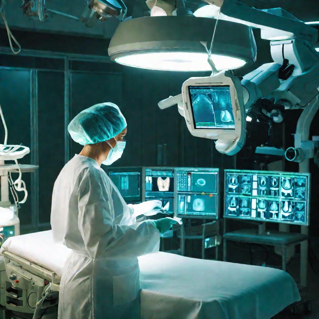 Вид сверху на операционную - хирург готовится к выскабливанию матки