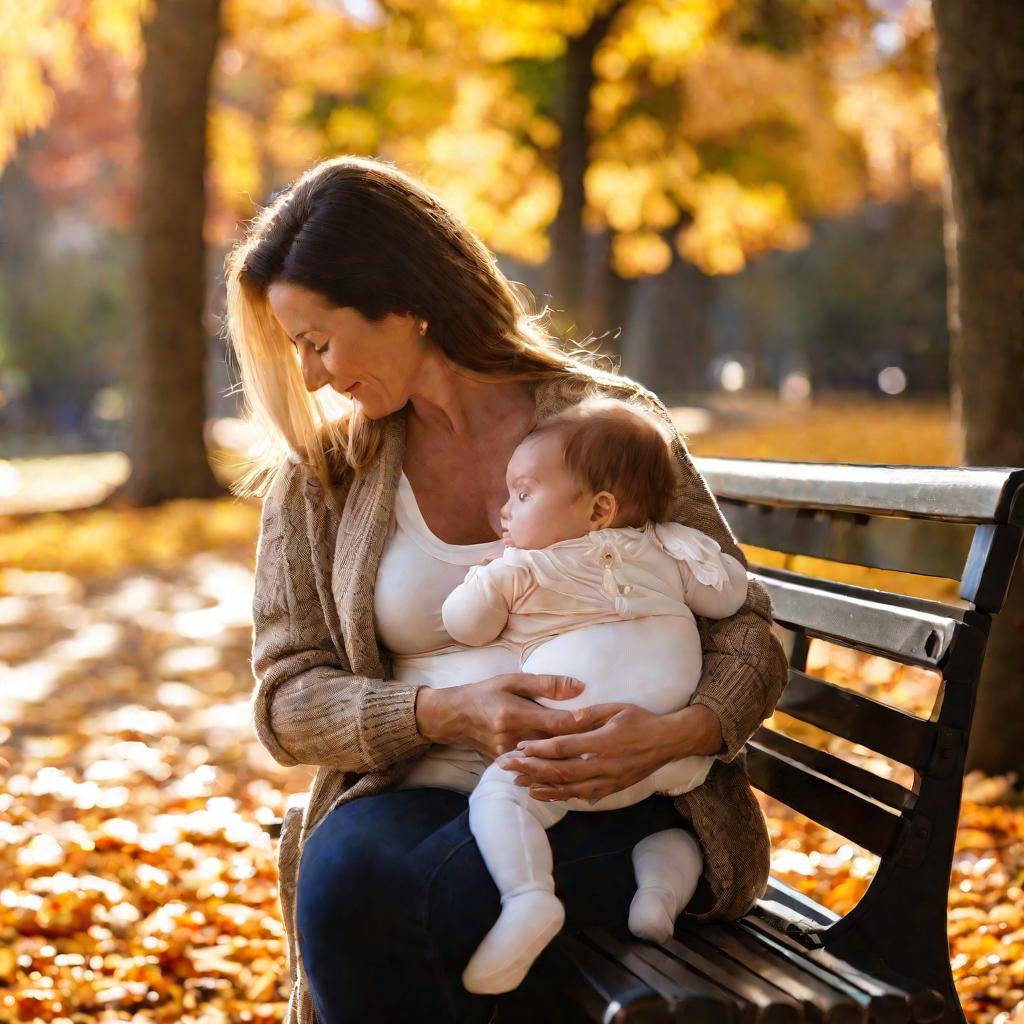 Мама кормит грудью ребенка на скамейке в парке осенью