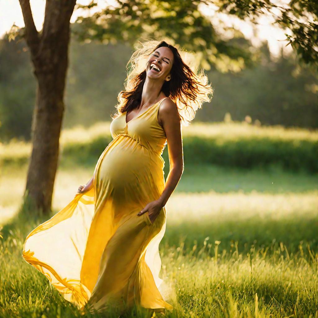 Смеющаяся на траве беременная держит живот в летнем сарафане.