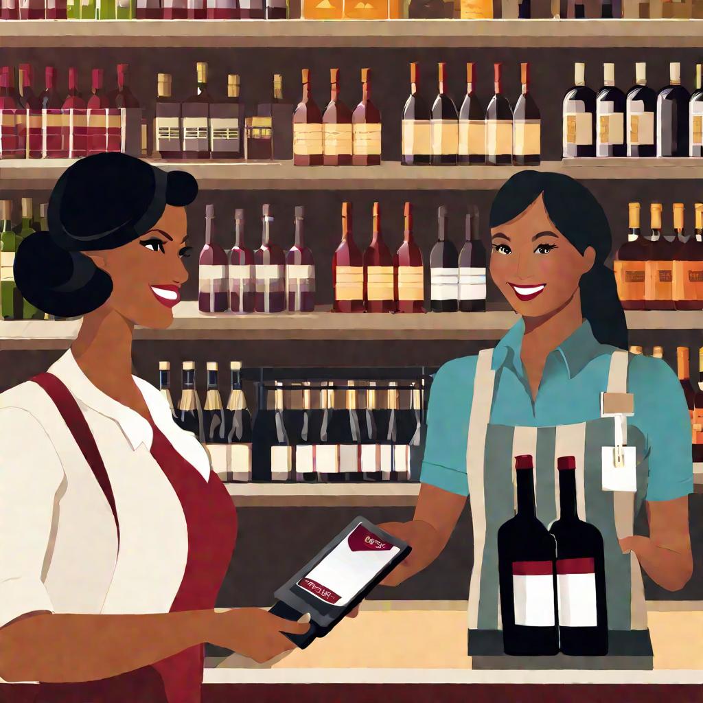 Портрет женщины покупающей бутылку красного вина