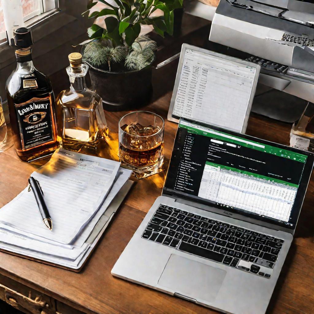 Рабочий стол с компьютером, на экране электронная таблица с запасами алкоголя