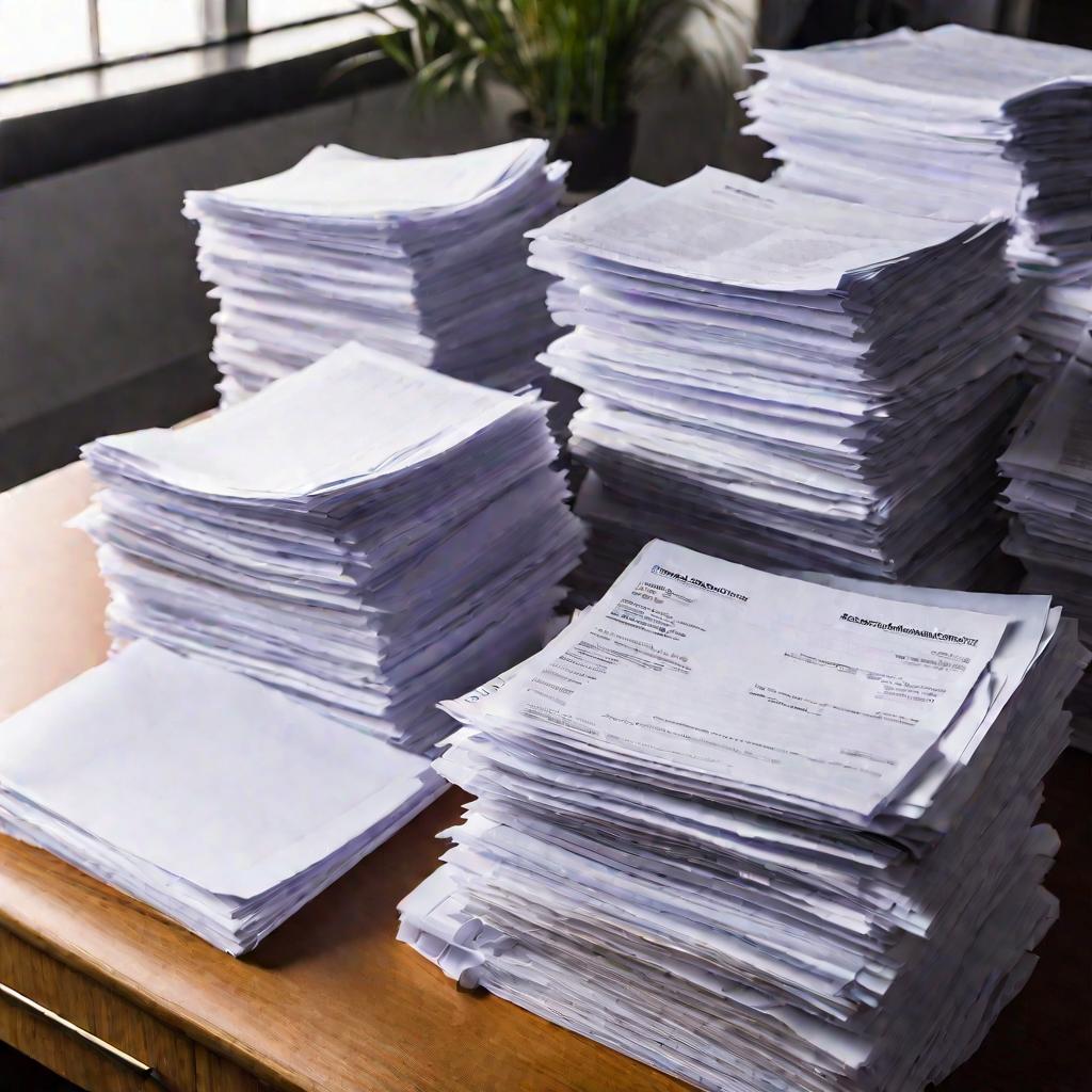 Много бумаг деклараций доходов на рабочем столе в офисе