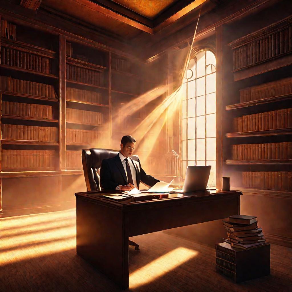 Слабо освещенный интерьер юридической конторы, адвокат за столом использует ноутбук с юридическими документами и книгами по праву на полках на заднем плане. Лучи солнца и пылинки в воздухе из окна позади образуют режущие пучки света, проходящие через комн