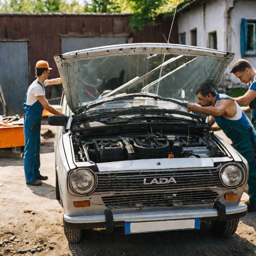 Средний план двух автослесарей, заменяющих лобовое стекло на автомобиле ВАЗ 2114 в автомастерской, в солнечный летний день. Рядом лежит старое, треснувшее стекло. Один рабочий держит новое стекло, готовое к установке, в то время как другой чистит проем ст