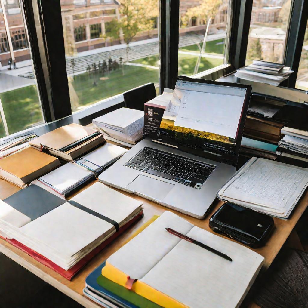 Рабочий стол педагога с книгами, бумагами и ноутбуком на фоне солнечного университетского двора