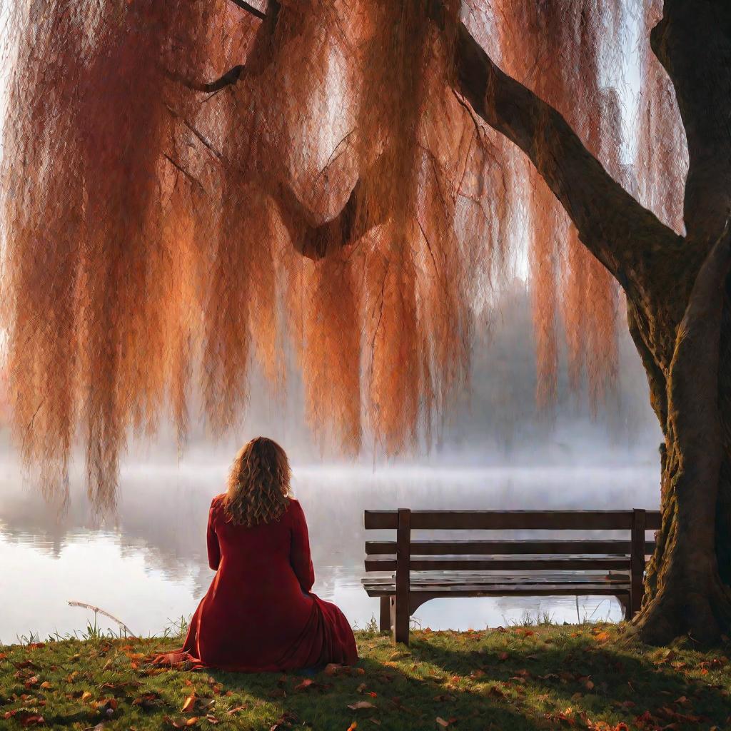 Беременная сидит на скамейке у озера