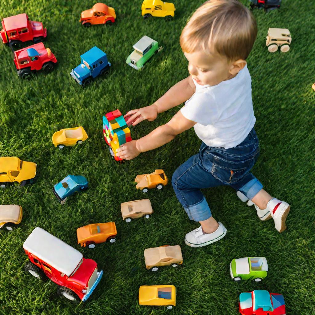 Мальчик играет с игрушками на траве