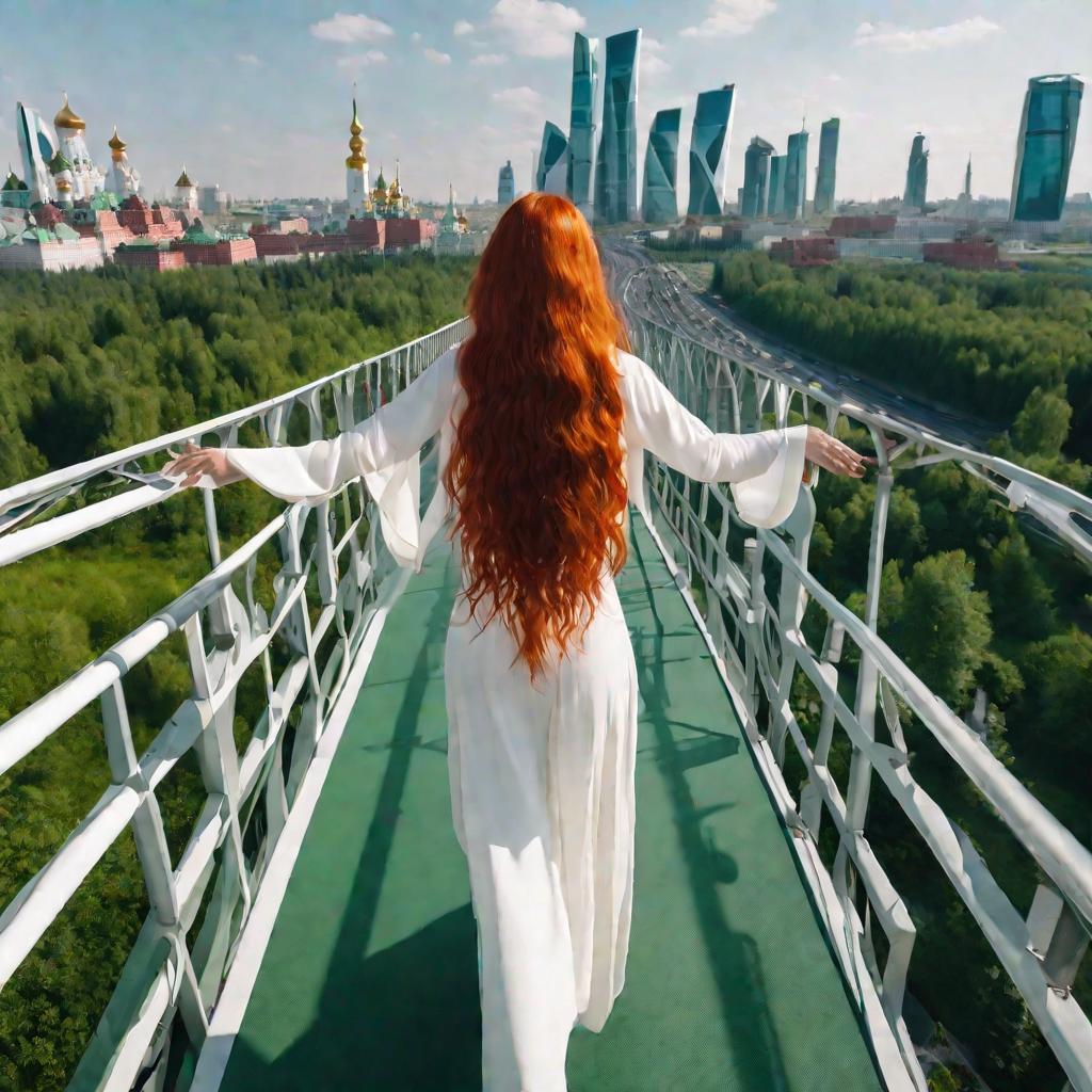 Девушка машет с моста на фоне Москвы