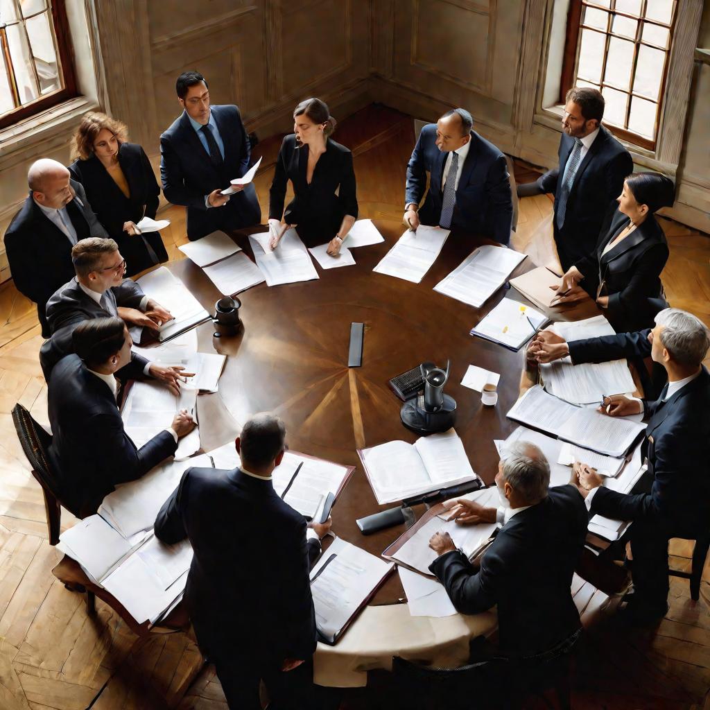 Группа бизнесменов оживленно обсуждает рабочие вопросы за круглым столом