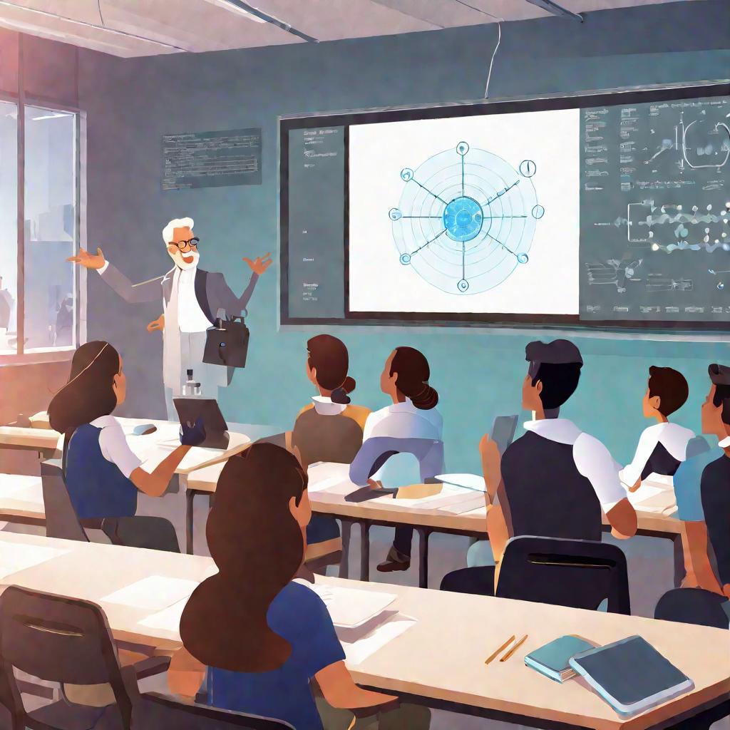 Преподаватель объясняет студентам сложные молекулярные схемы, проецируя их на большой экран в аудитории