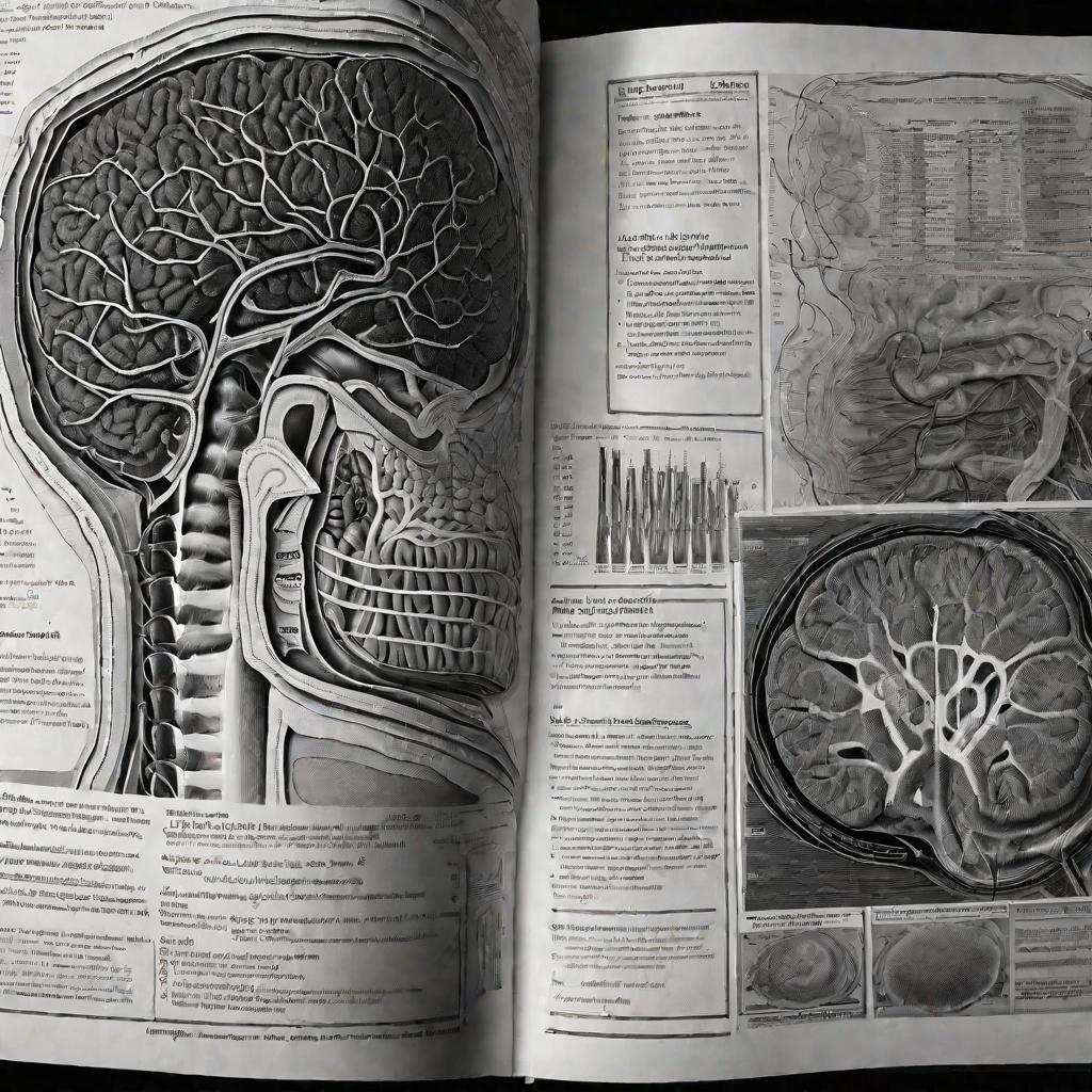 Медицинская книга с детальной схемой нервной системы и рукописными пометками. Символ тщательного научного подхода.