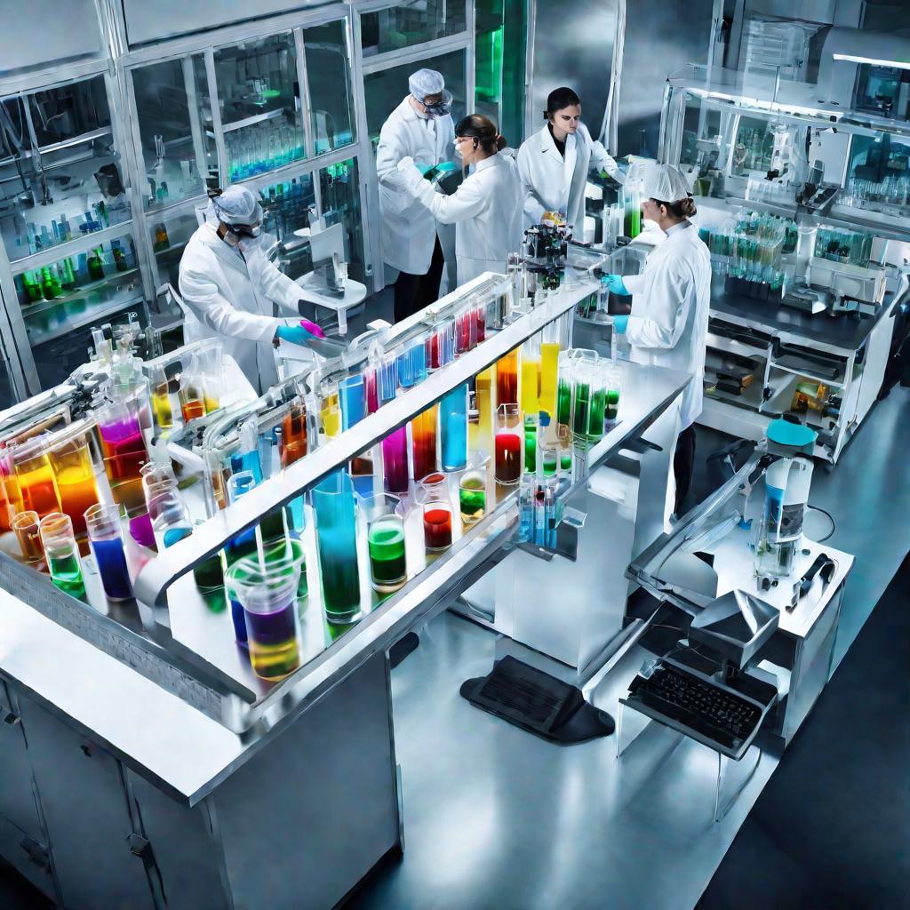 Команда химиков анализирует пробирки с разноцветными растворами в современной светлой лаборатории