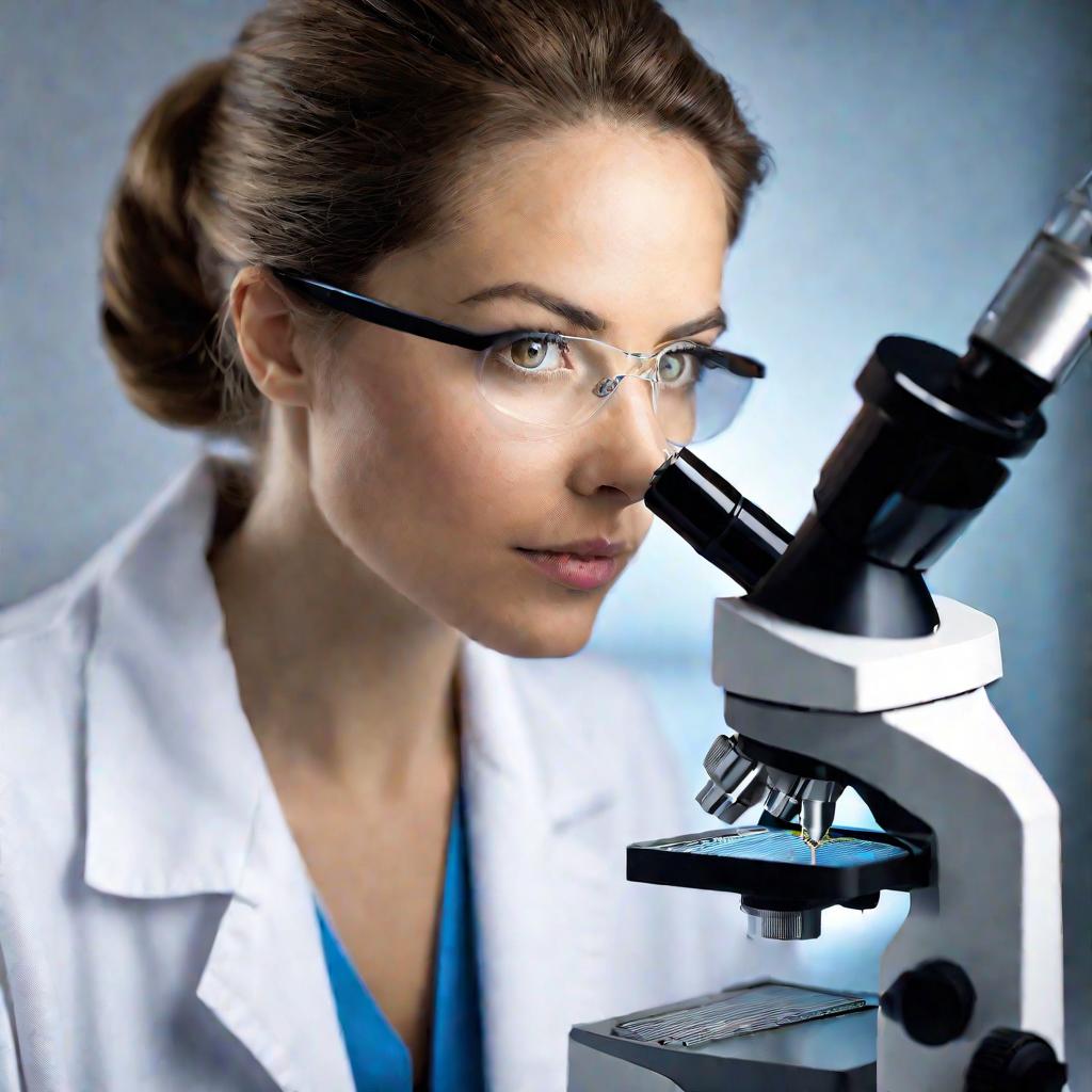 Женщина-химик смотрит в микроскоп и анализирует образец при помощи пипетки, сосредоточенно и с любопытством