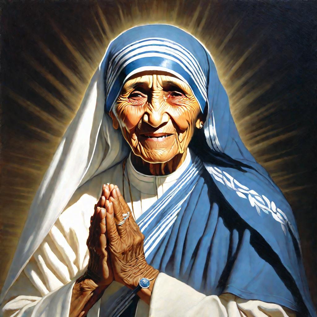 Портрет улыбающейся Матери Терезы в монашеском одеянии на фоне лика Иисуса Христа