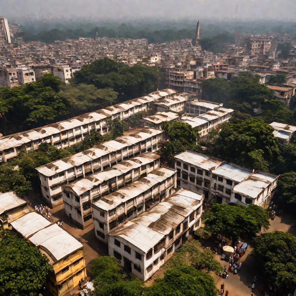 Вид сверху на комплекс «Миссионеров милосердия» в Калькутте, окруженный толпами бедняков