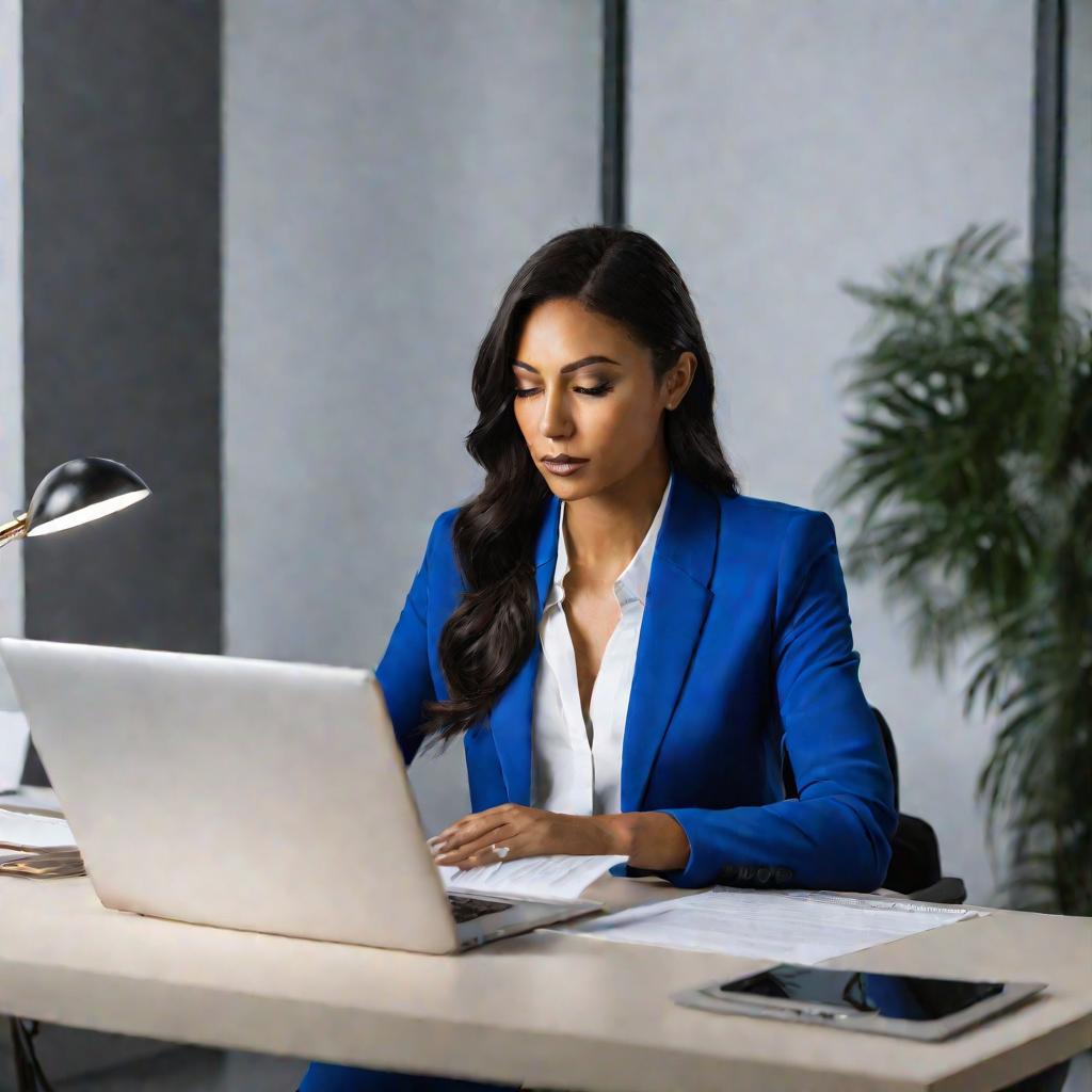 Женщина в синем деловом костюме сидит за белым столом в современном офисе. Драматическое студийное освещение. Она задумчиво смотрит на открытый ноутбук с веб-сайтом конструктора резюме на экране. Ее рука лежит рядом с блокнотом, ручкой и распечатанными бу
