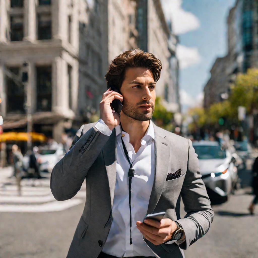 Мужчина в костюме идет по улице, разговаривая по телефону