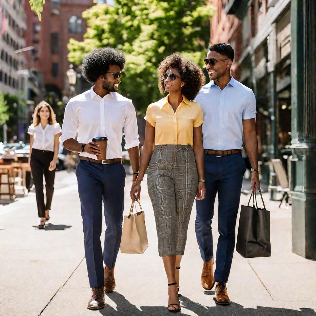 Трое молодых людей идут по улице с кофе в руках