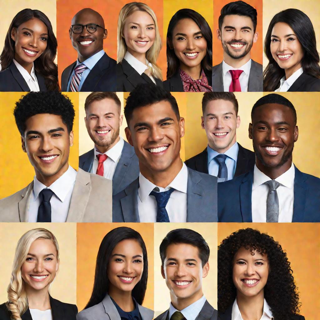Портретная съемка разнообразной группы улыбающихся молодых специалистов в деловой одежде на белом фоне в студии.