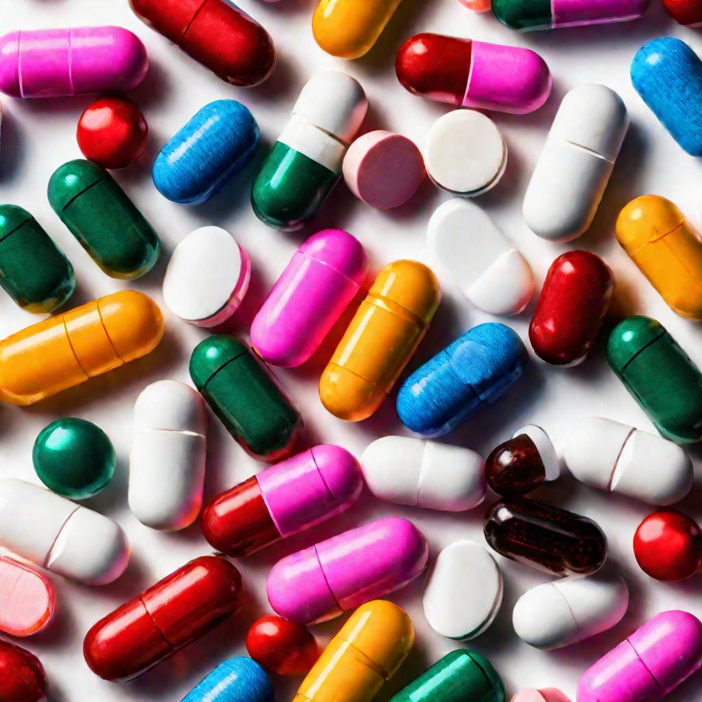 Яркие разноцветные капсулы и таблетки антибиотиков для лечения цистита, снятые крупным планом сверху на белом фоне