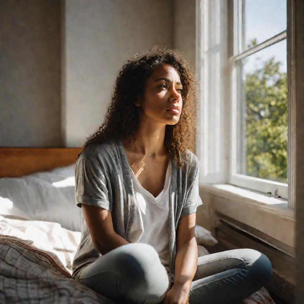Фото молодой озабоченной женщины, сидящей на кровати у окна и размышляющей о диагнозе - хронический цистит и его влиянии на ее жизнь.