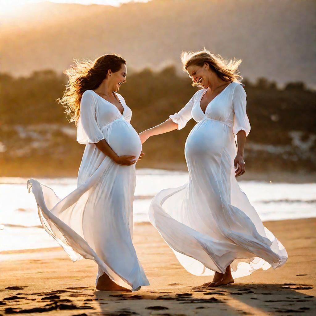 Две беременные подруги танцуют на пляже