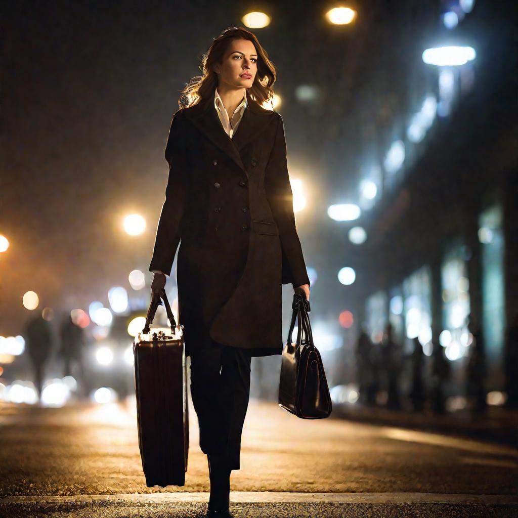 Женщина идет по улице с портфелем