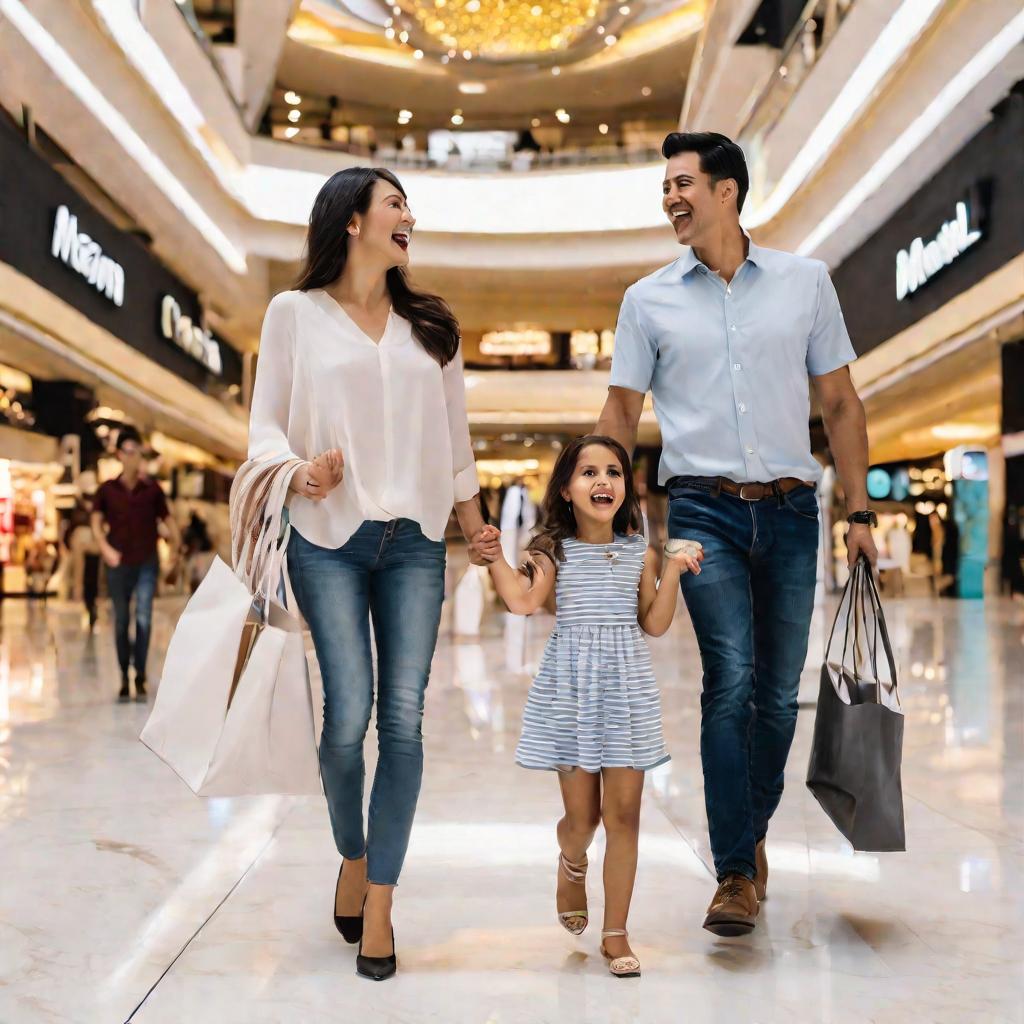 Счастливая семья гуляет по торговому центру