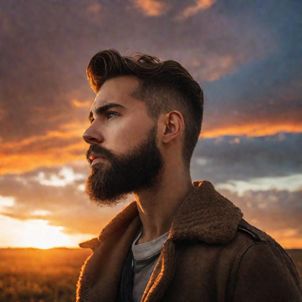 Молодой мужчина смотрит на закат, задумавшись о смысле жизни