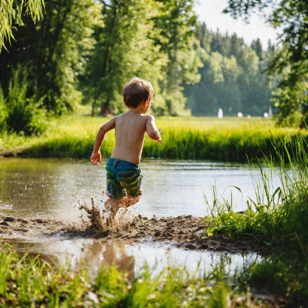 Мальчик бежит босиком по мелководью озера
