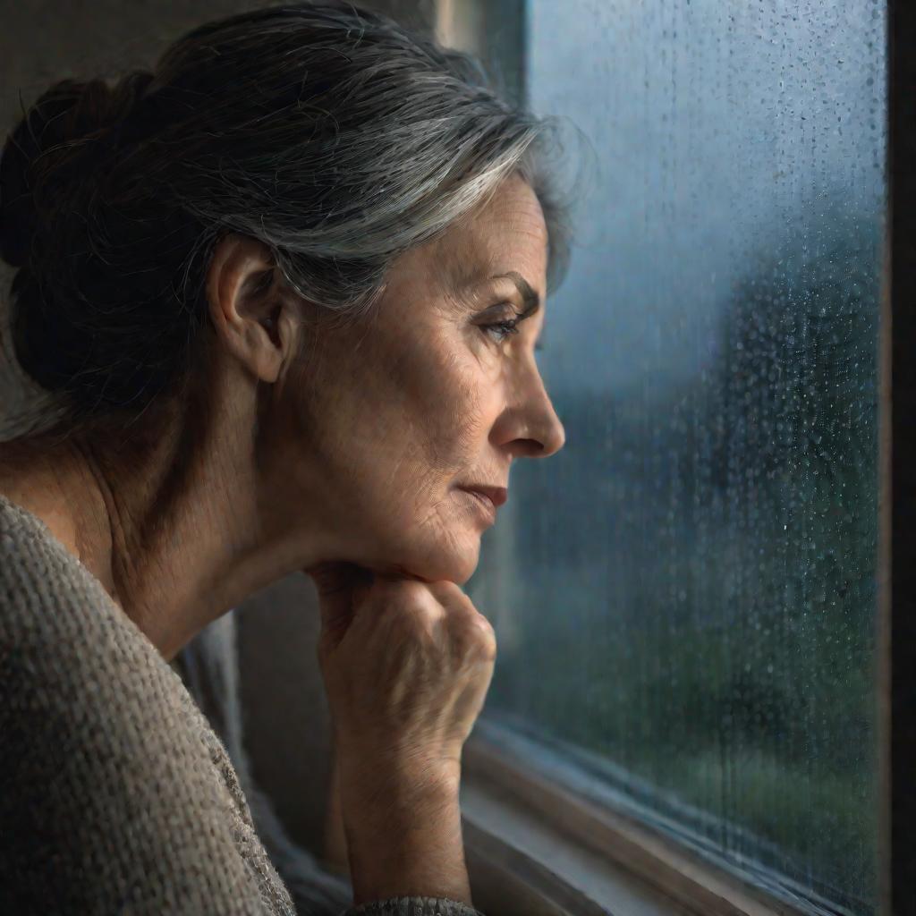 Женщина смотрит задумчиво в окно на туманный вечерний пейзаж