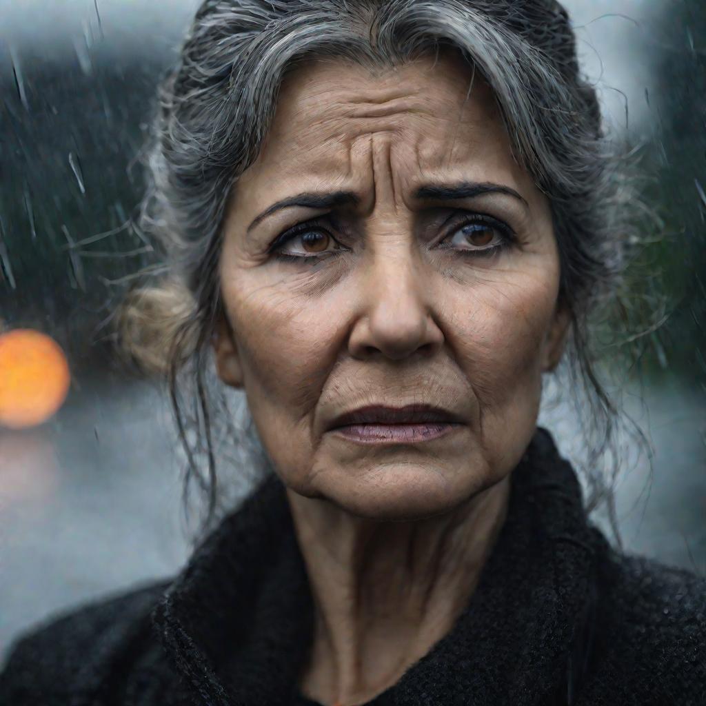 Портрет уставшей женщины с обеспокоенным выражением лица на фоне размытого дождливого пейзажа