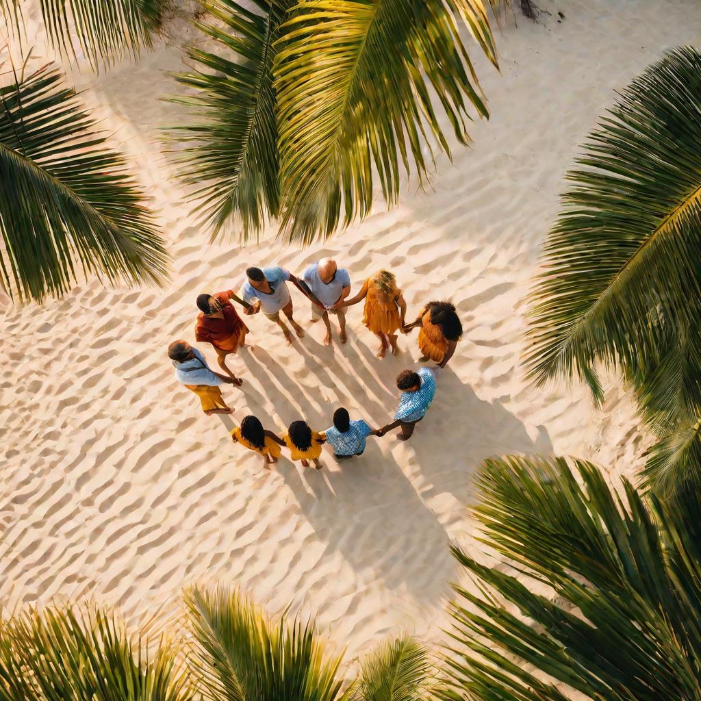Группа людей держится за руки на пляже на восходе солнца