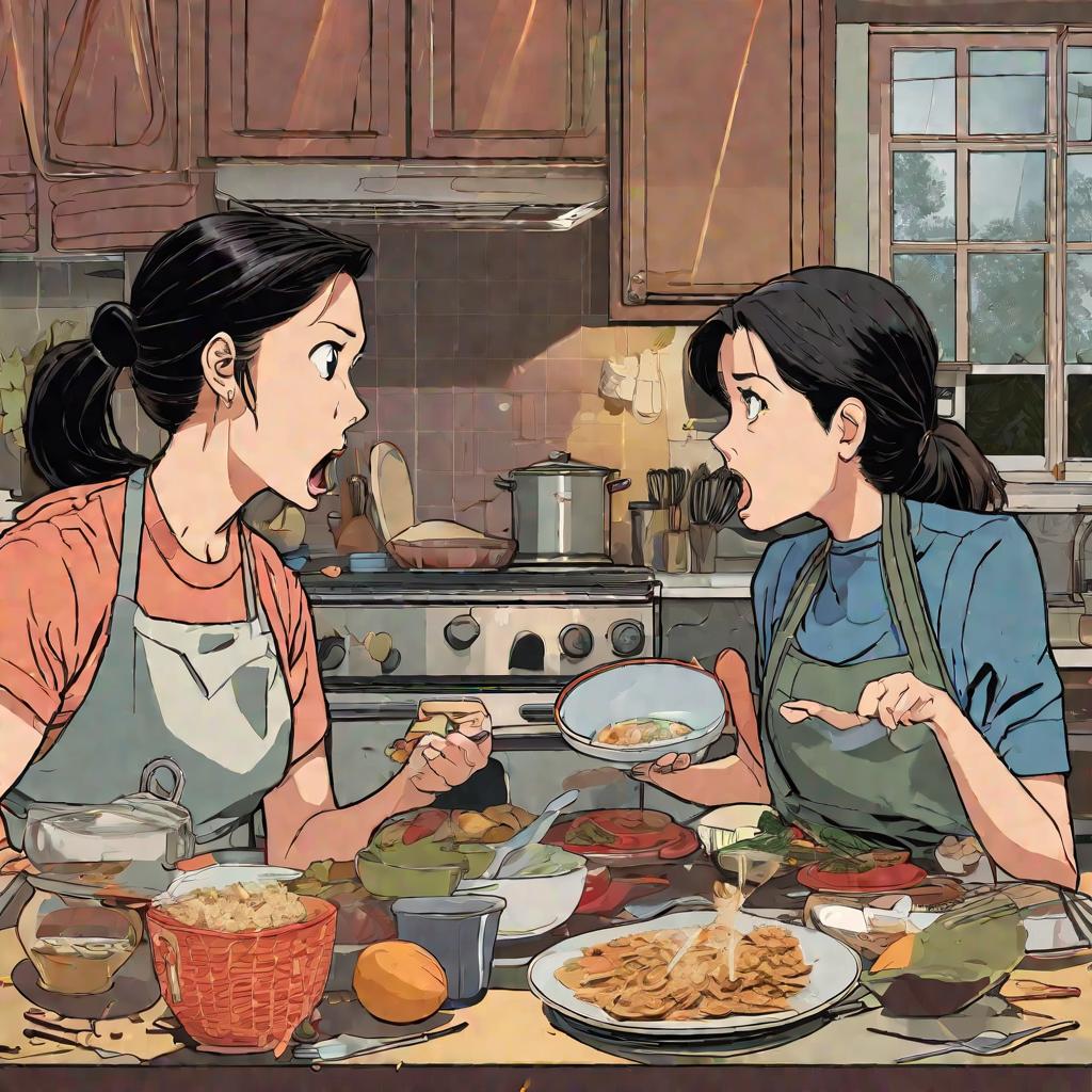 Мама и дочь ругаются на кухне