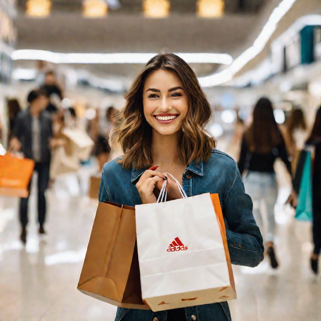 Девушка с покупками идет по торговому центру с улыбкой