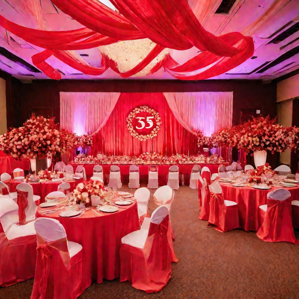 Празднично украшенный банкетный зал для 35-летия свадьбы