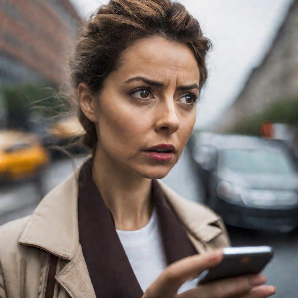 Женщина смотрит в телефон с удивленным выражением лица, видя там нечто совершенно иное, чем происходит вокруг в реальности