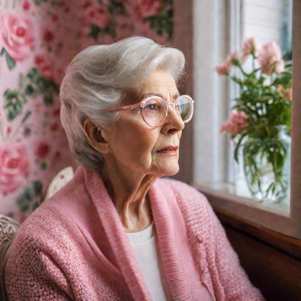 Портрет обеспокоенной пожилой женщины у окна