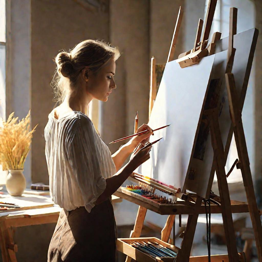 Девушка рисует портрет в мастерской