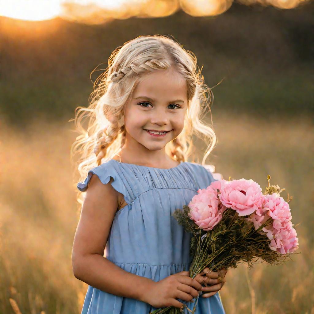 Девочка 5 лет с букетом в поле на закате
