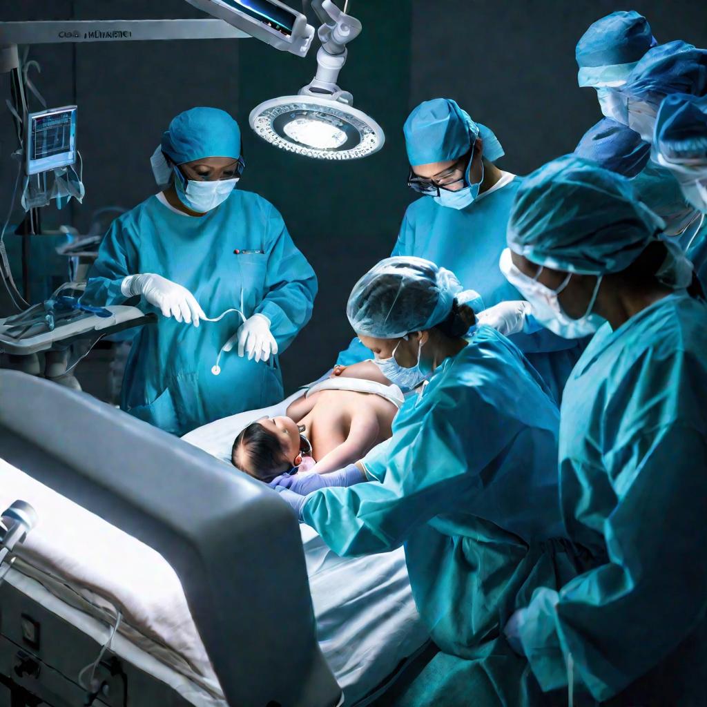 Хирурги проводят операцию кесарева сечения для извлечения младенца